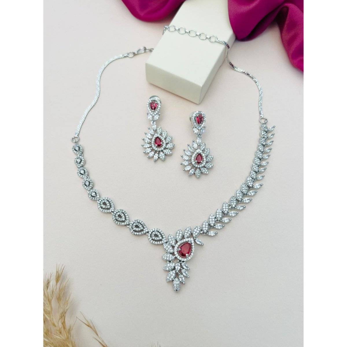 Abdesigns Red Stylish Silver Plated American Diamond Necklace Set