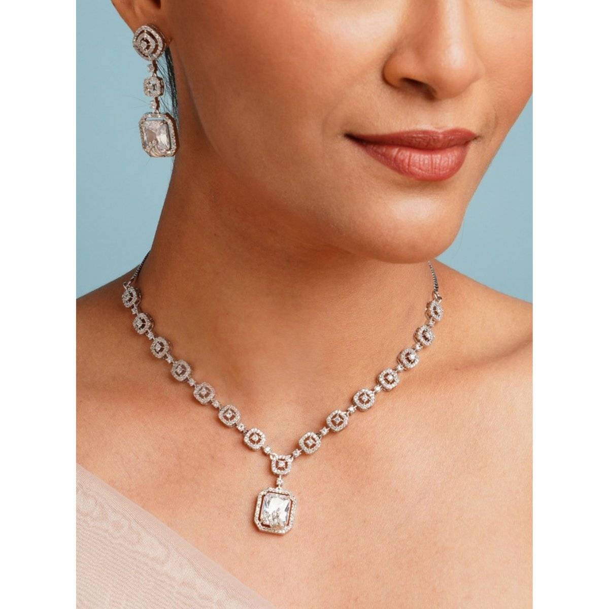 Abdesigns White Stylish Silver Plated American Diamond Necklace Set