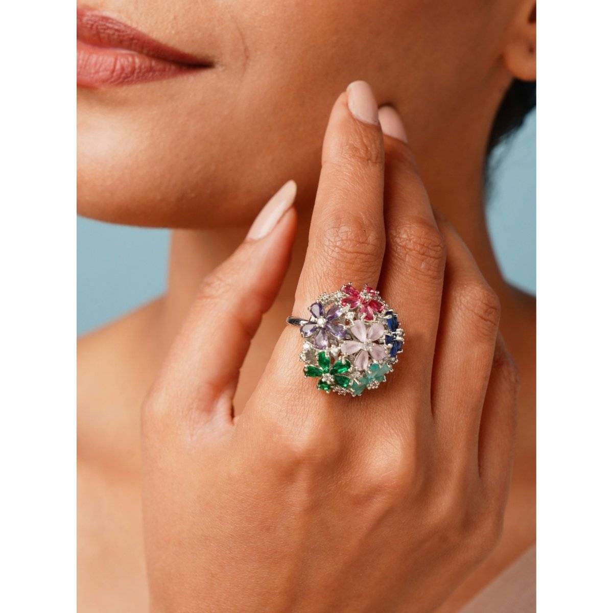 Abdesigns Multi-Color Floral Silver Plated Cubic Zircon Studded Ring · Adjustable