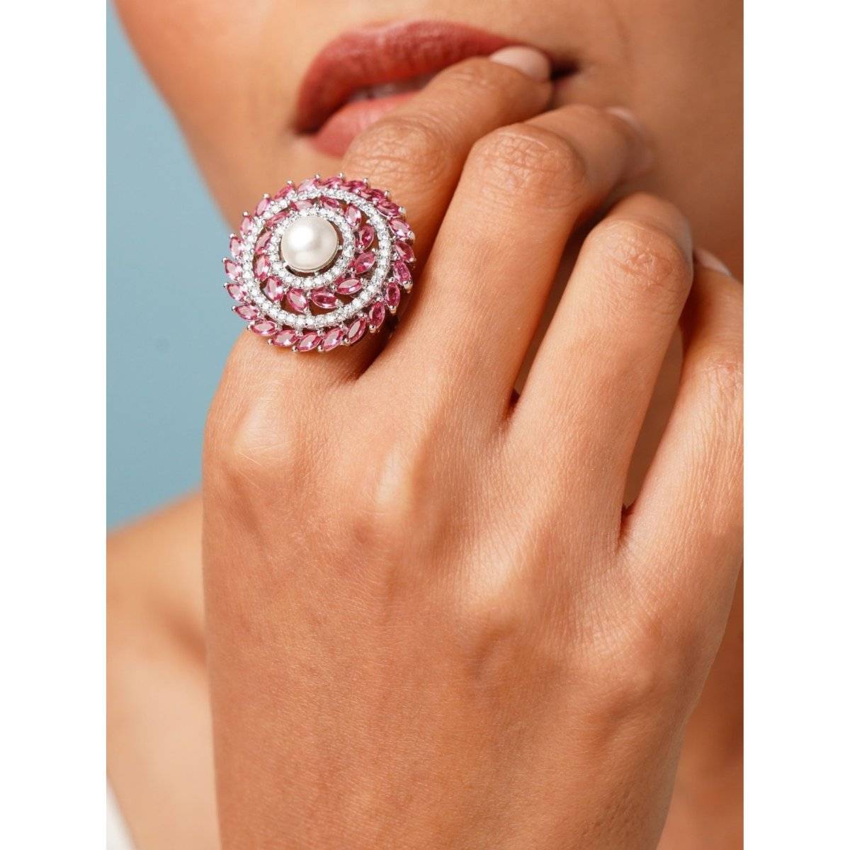 Abdesigns Silver Plated Pink Floral Cubic Zircon Studded Pearl Ring · Adjustable