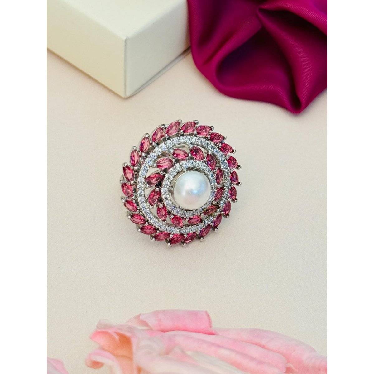Abdesigns Silver Plated Pink Floral Cubic Zircon Studded Pearl Ring · Adjustable