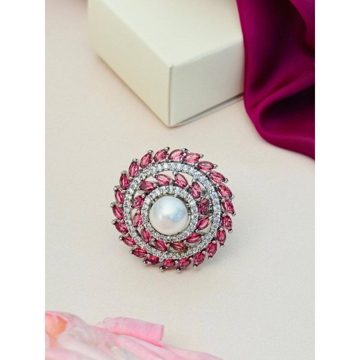 Abdesigns Silver Plated Pink Floral Cubic Zircon Studded Pearl Ring