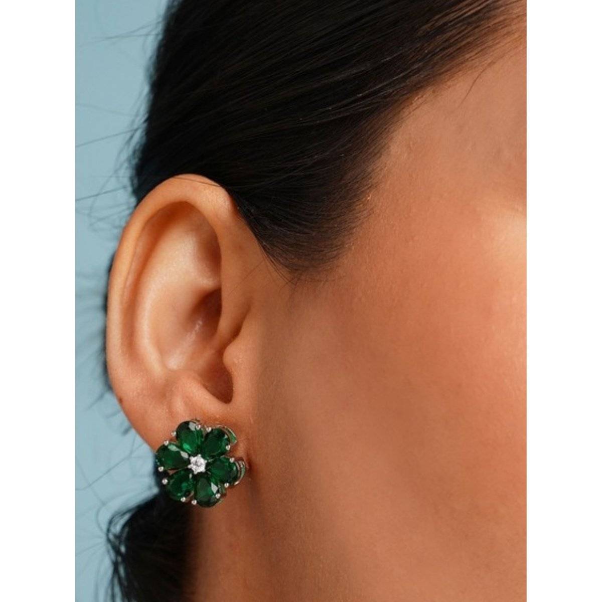 Abdesigns Green Elegant Silver Plated American Diamond Floral Stud Earrings · One Size