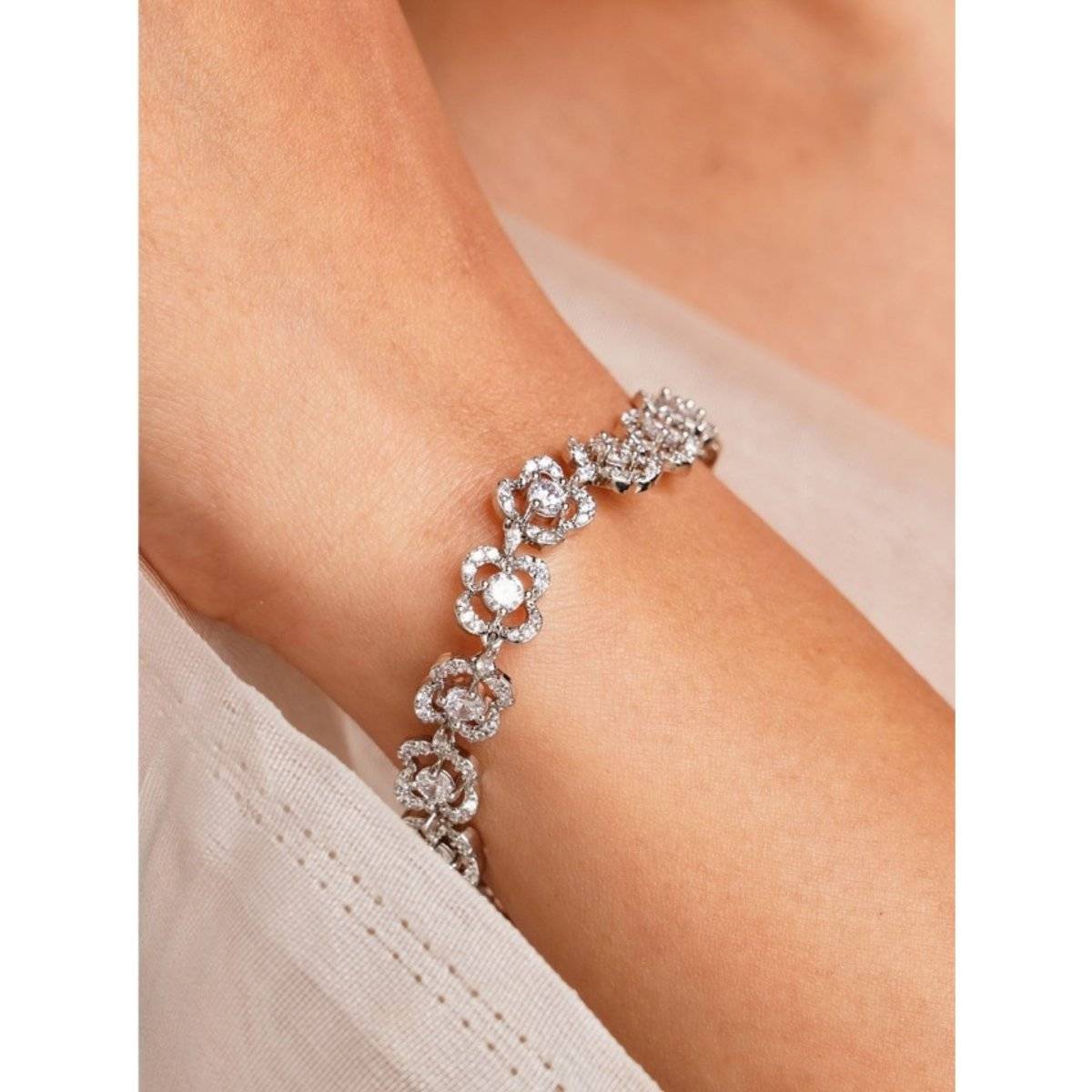 Abdesigns Women Silver Plated American Diamond Link Bracelet · Adjustable