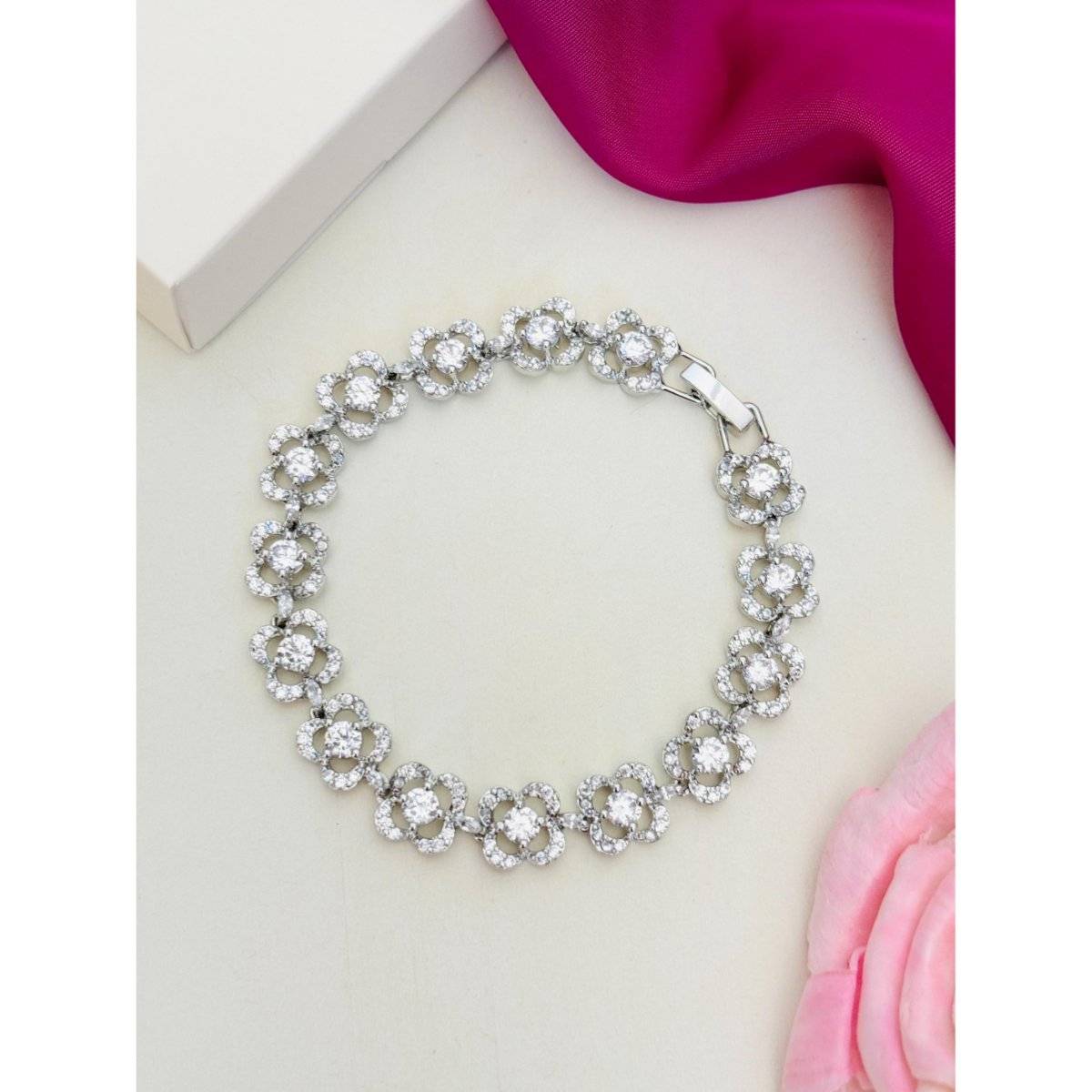 Abdesigns Women Silver Plated American Diamond Link Bracelet