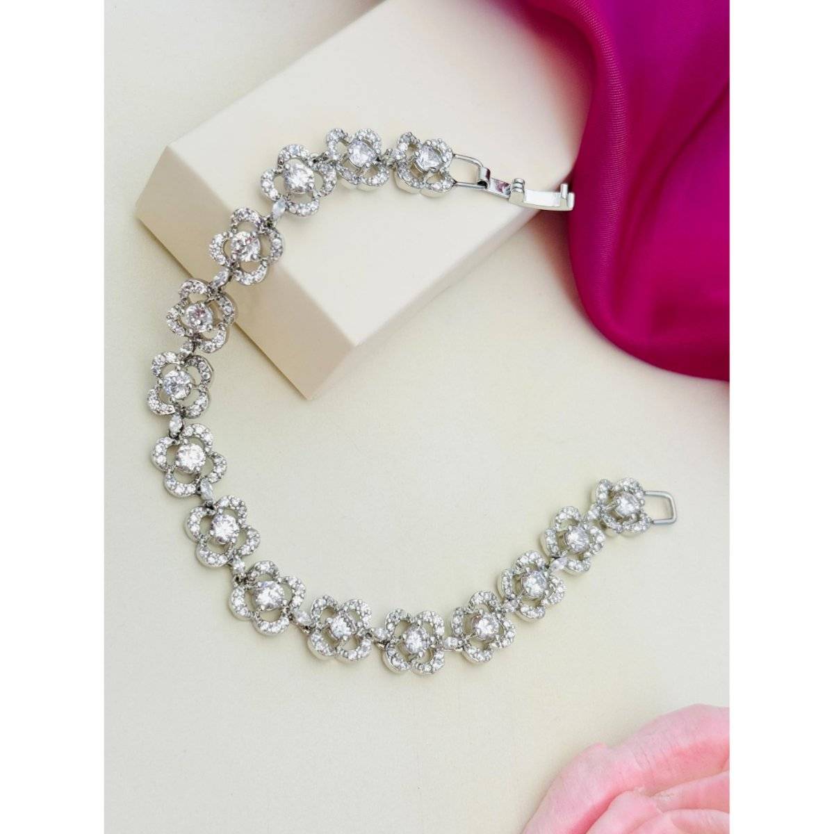 Abdesigns Women Silver Plated American Diamond Link Bracelet