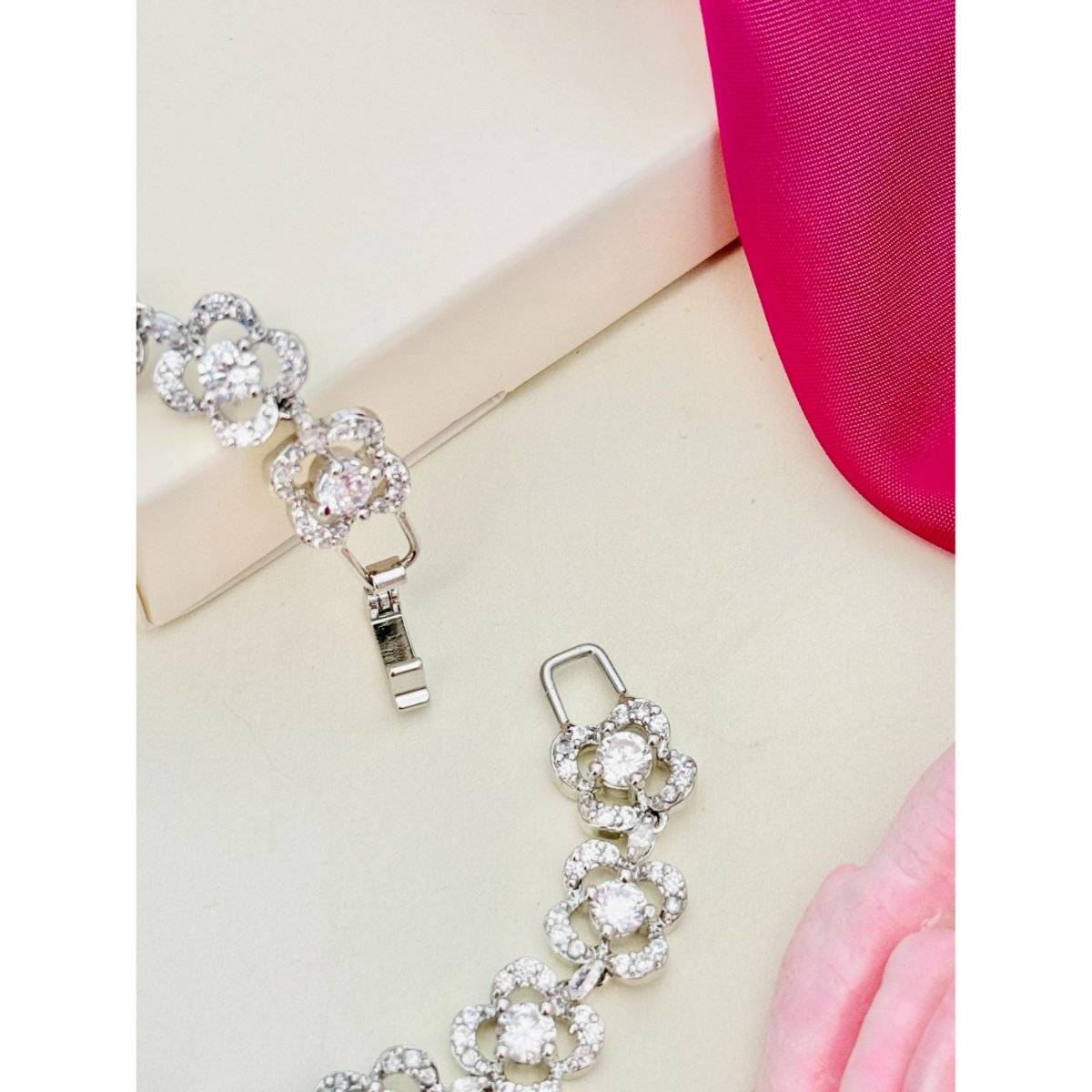 Abdesigns Women Silver Plated American Diamond Link Bracelet