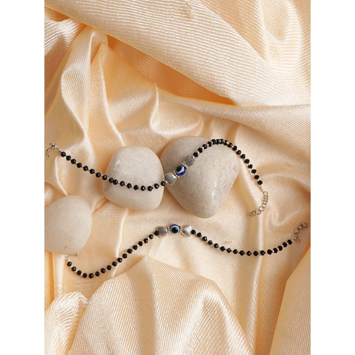 Aatmana Set of 2 Black Stones Studded Silver Plated Heart Shaped and Evil Eye Anklets