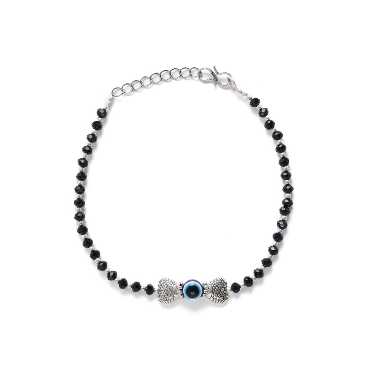 Aatmana Set of 2 Black Stones Studded Silver Plated Heart Shaped and Evil Eye Anklets · One Size