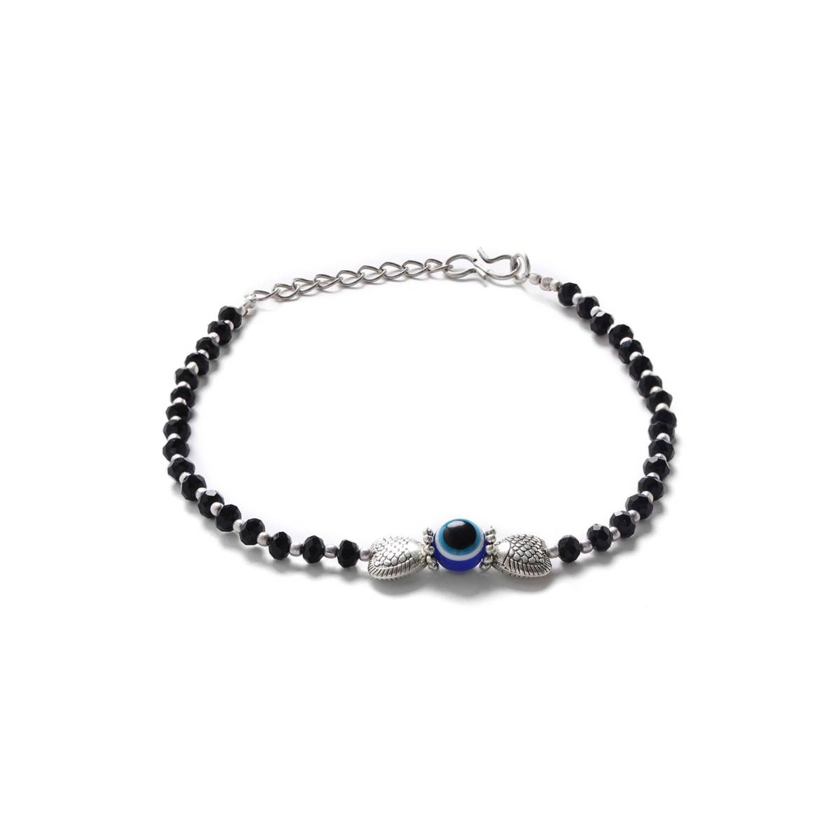 Aatmana Set of 2 Black Stones Studded Silver Plated Heart Shaped and Evil Eye Anklets