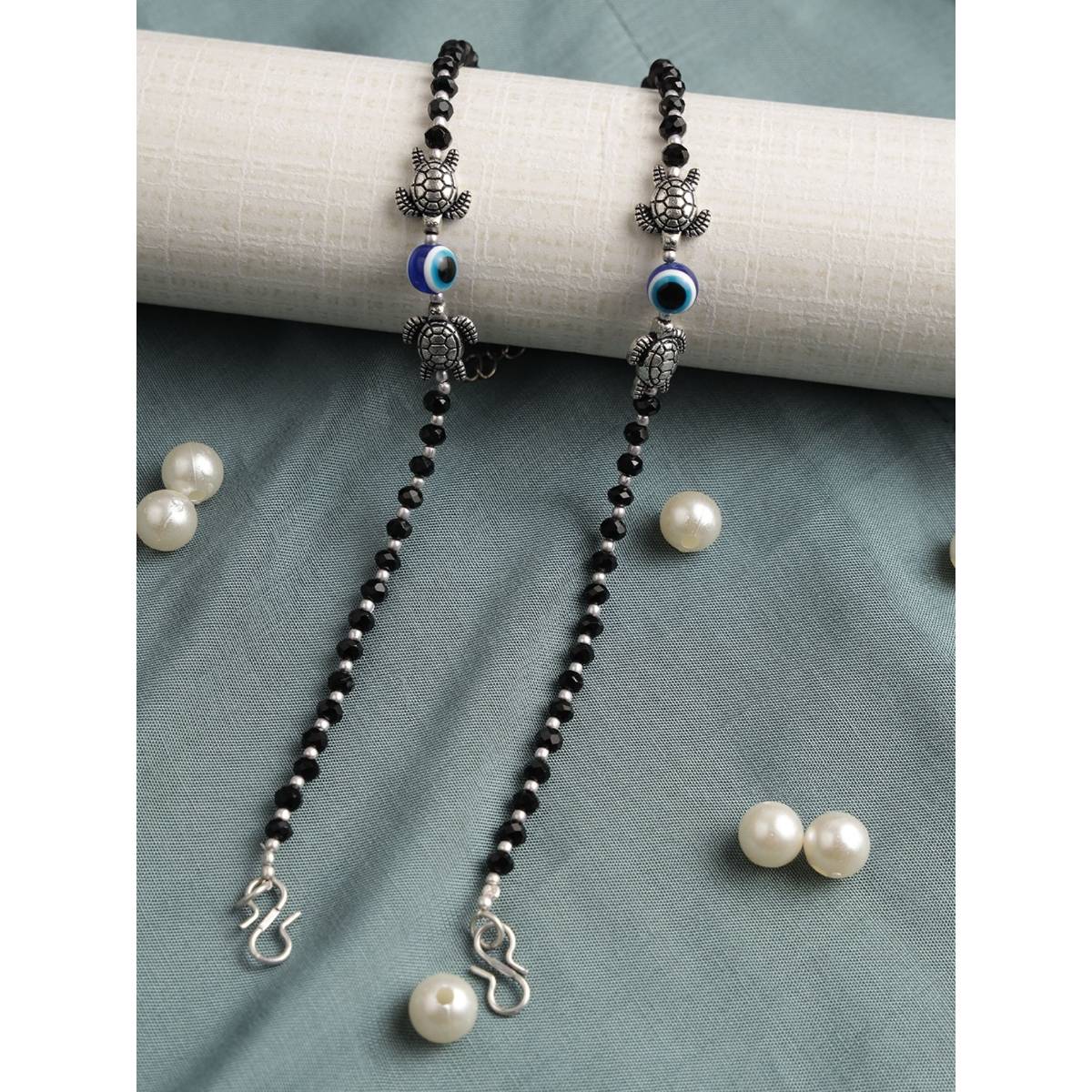 Aatmana Set of 2 Silver Plated and Black Beaded Handcrafted Tortoise and Evil Eye Anklet · One Size