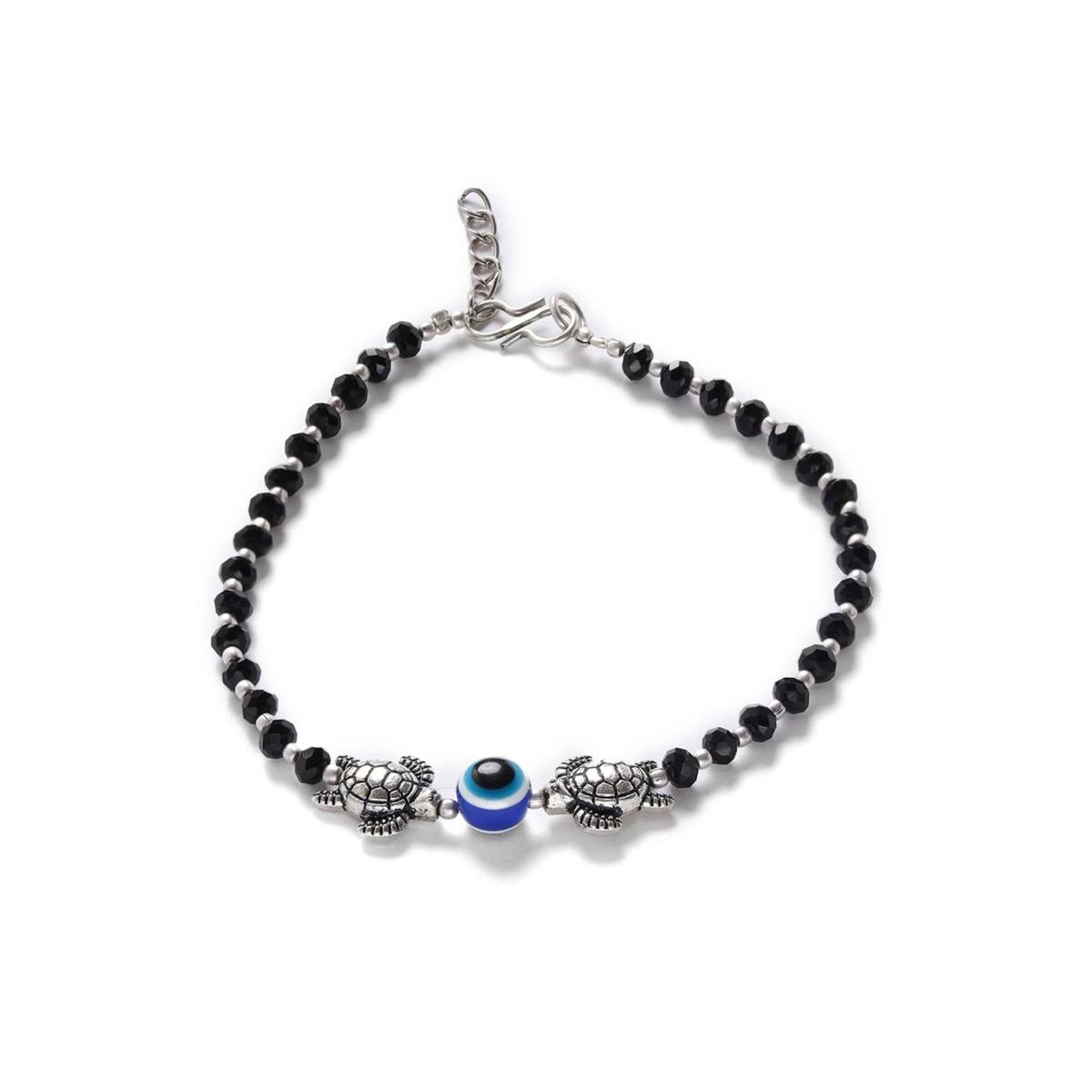 Aatmana Set of 2 Silver Plated and Black Beaded Handcrafted Tortoise and Evil Eye Anklet