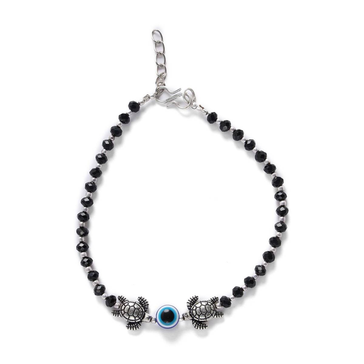 Aatmana Set of 2 Silver Plated and Black Beaded Handcrafted Tortoise and Evil Eye Anklet