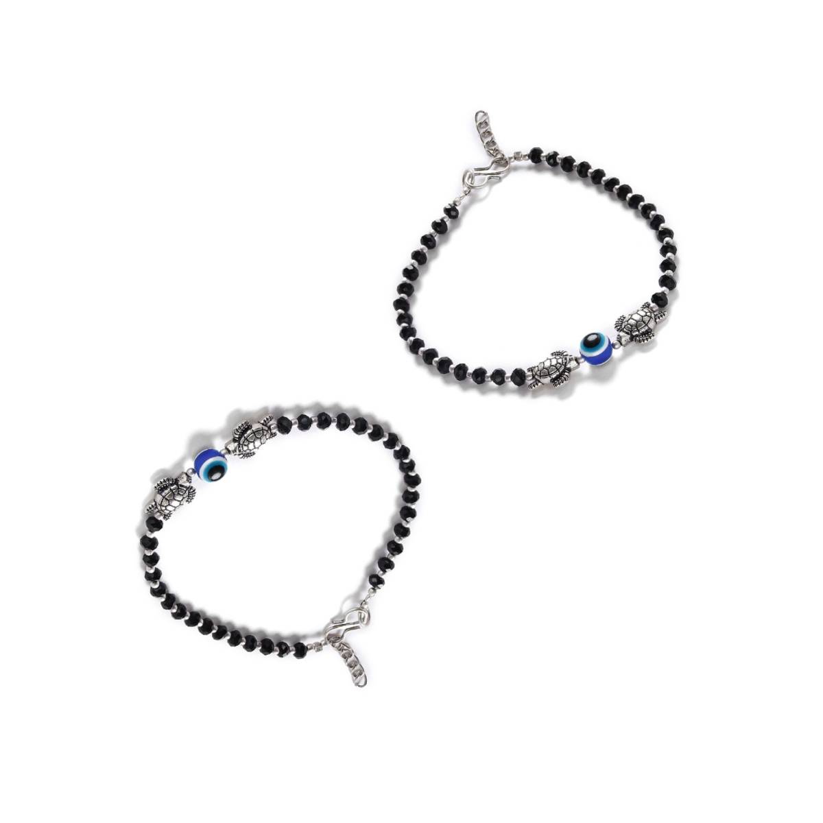 Aatmana Set of 2 Silver Plated and Black Beaded Handcrafted Tortoise and Evil Eye Anklet