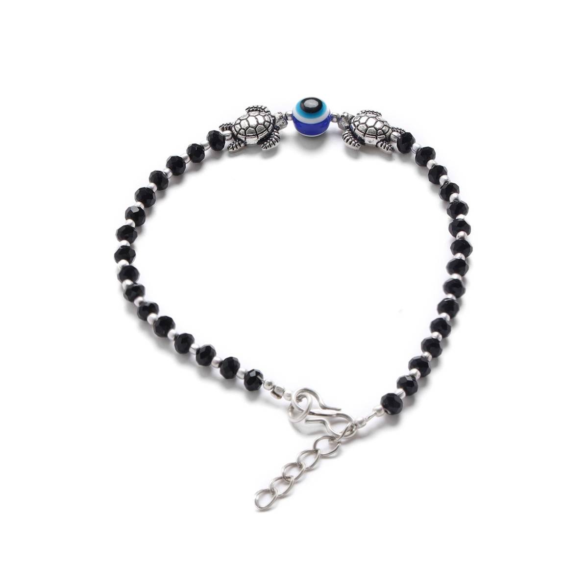 Aatmana Set of 2 Silver Plated and Black Beaded Handcrafted Tortoise and Evil Eye Anklet