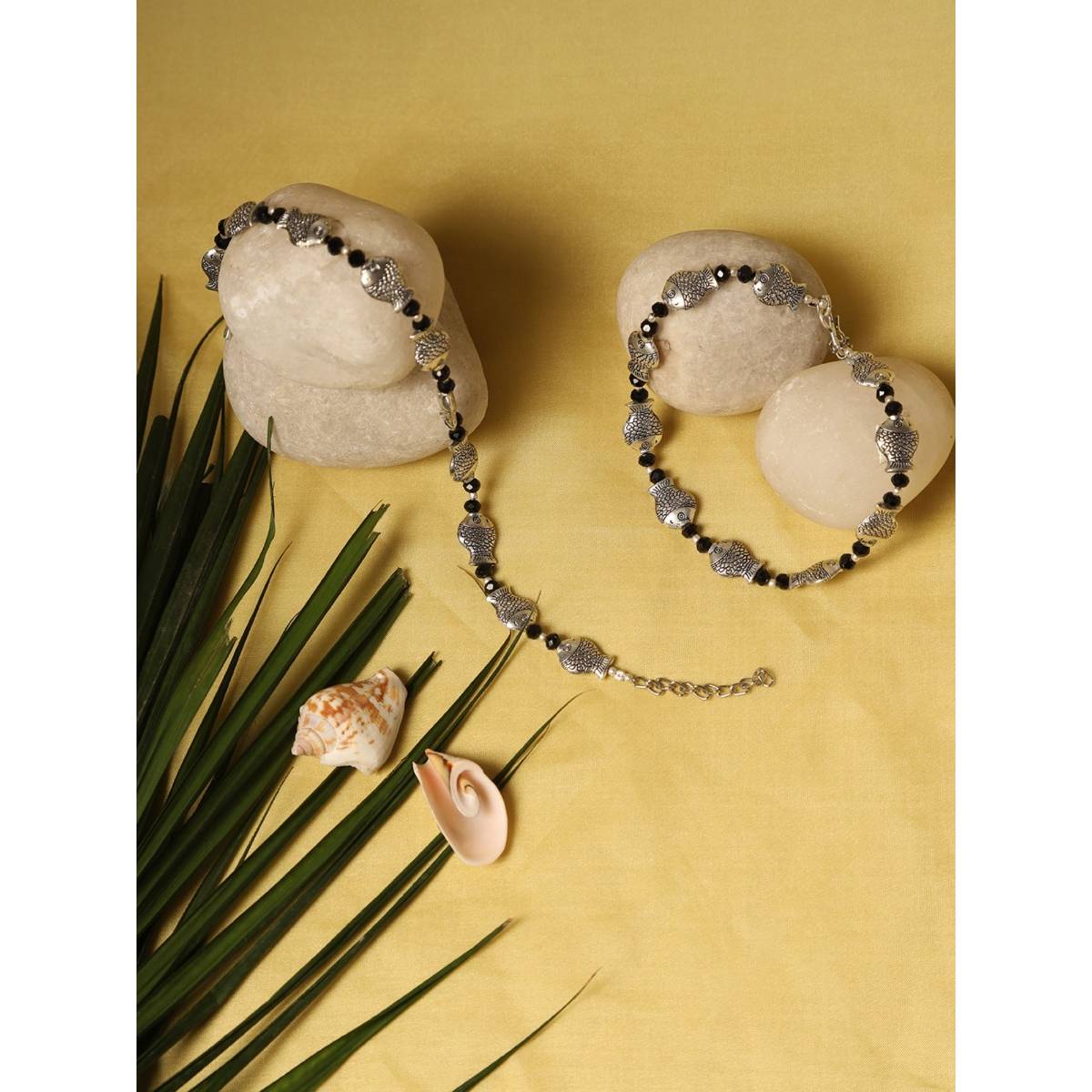 Aatmana Silver Plated and Black Beaded Handcrafted Fish Anklet · One Size