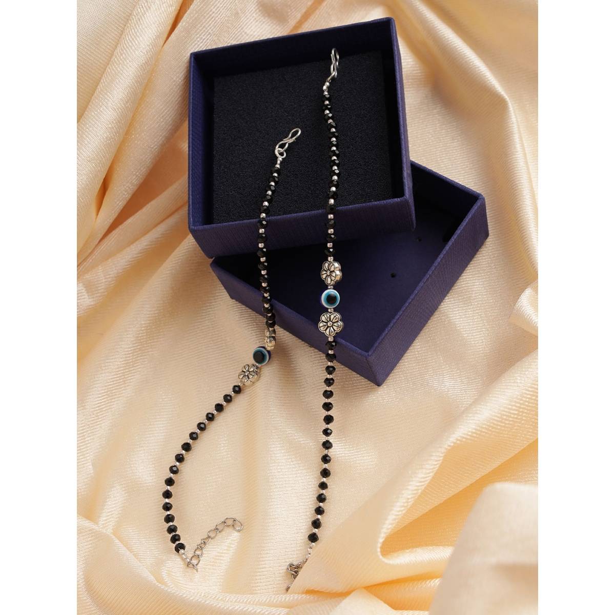 Aatmana Set of 2 Silver Plated and Black Beaded Handcrafted Flower Anklet