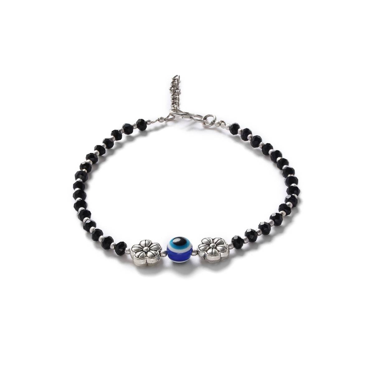 Aatmana Set of 2 Silver Plated and Black Beaded Handcrafted Flower Anklet