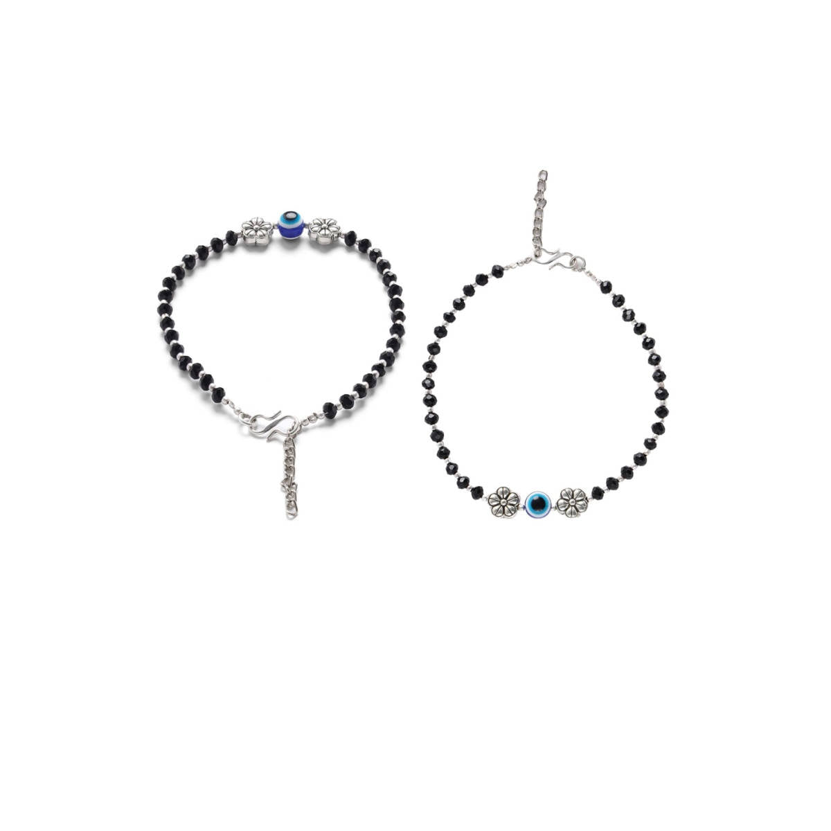 Aatmana Set of 2 Silver Plated and Black Beaded Handcrafted Flower Anklet