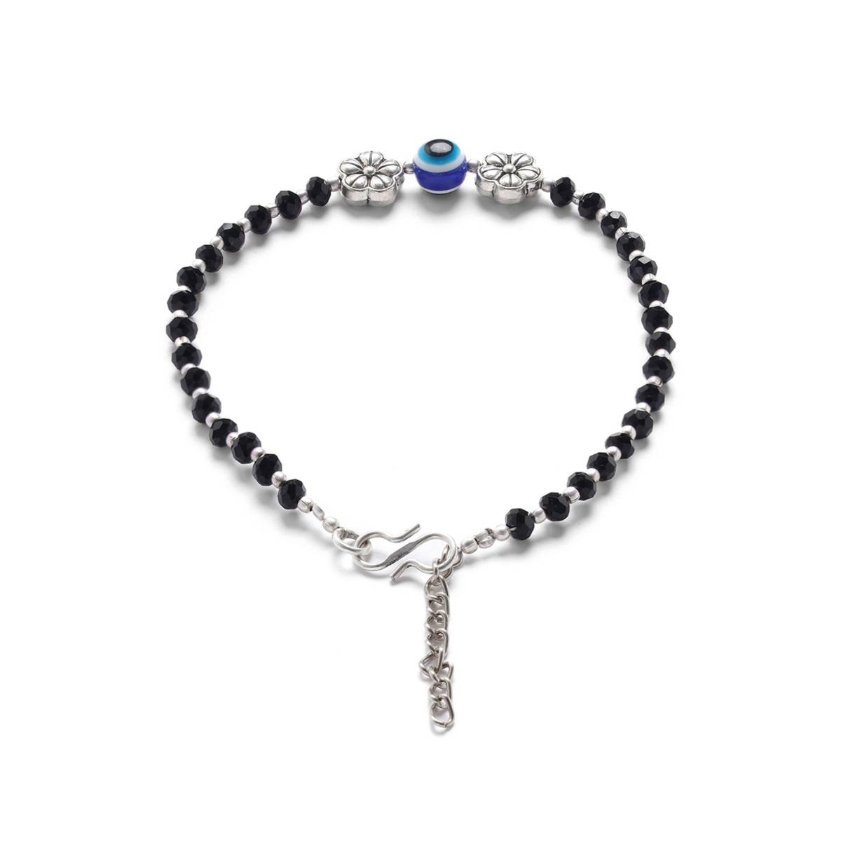 Aatmana Set of 2 Silver Plated and Black Beaded Handcrafted Flower Anklet
