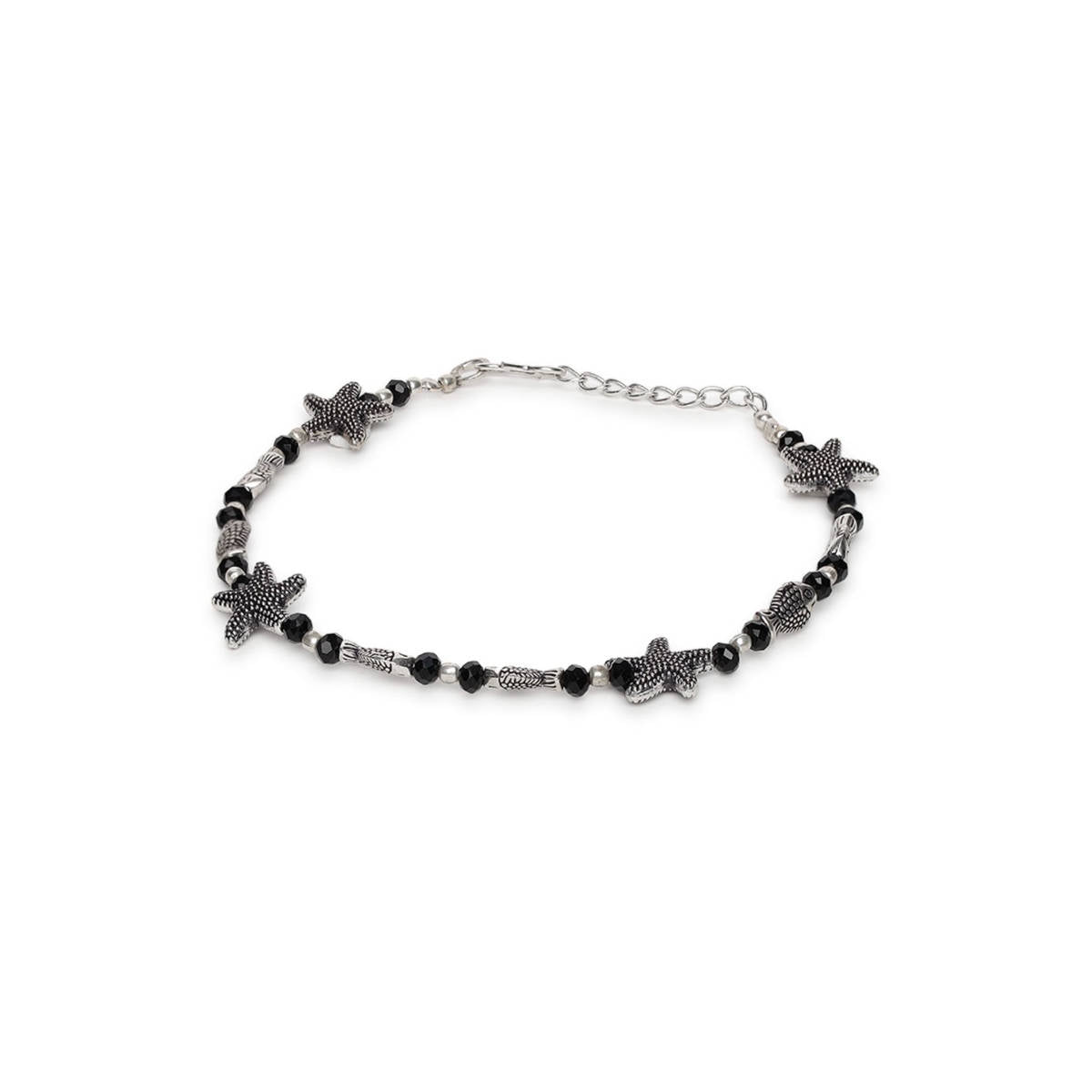 Aatmana Set of 2 Silver Plated and Black Beaded Handcrafted Starfish Fish Anklet