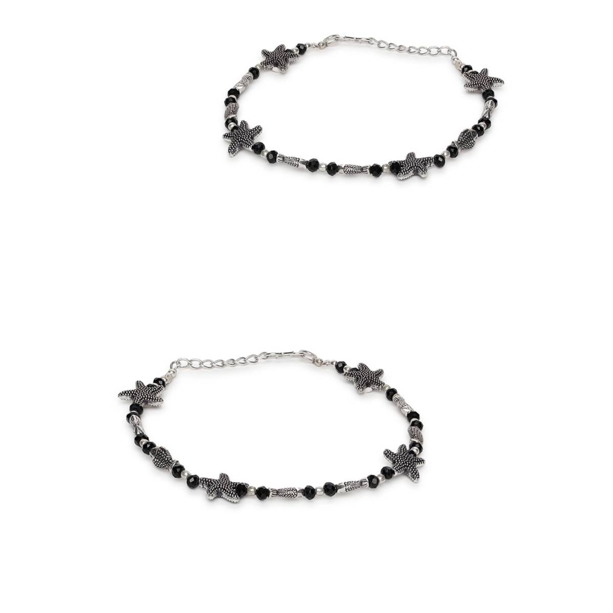 Aatmana Set of 2 Silver Plated and Black Beaded Handcrafted Starfish Fish Anklet