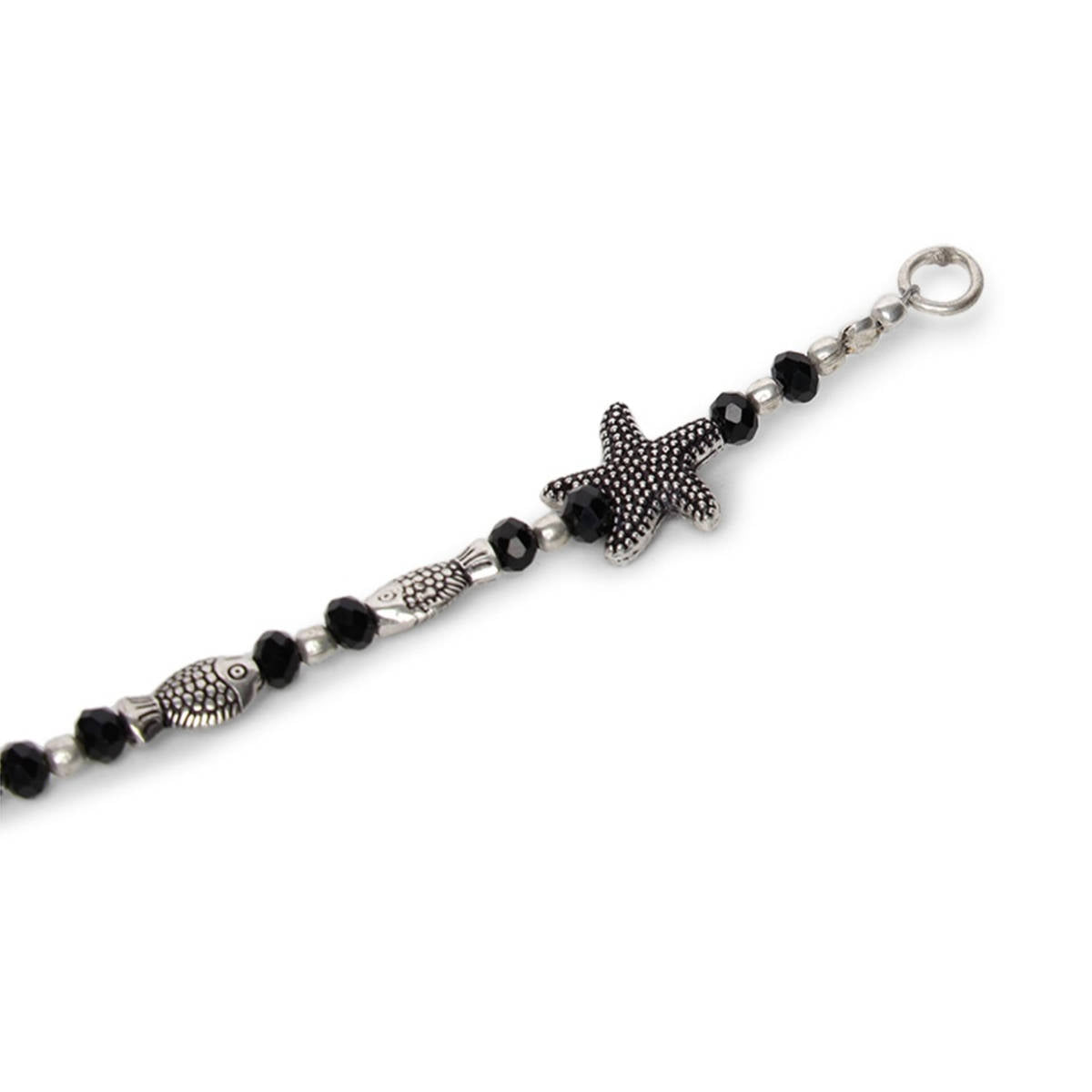 Aatmana Set of 2 Silver Plated and Black Beaded Handcrafted Starfish Fish Anklet