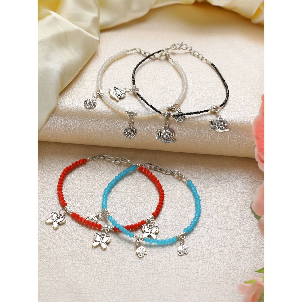 Aatmana Set of 4 Silver Charms Beaded Handcrafted Anklets · One Size