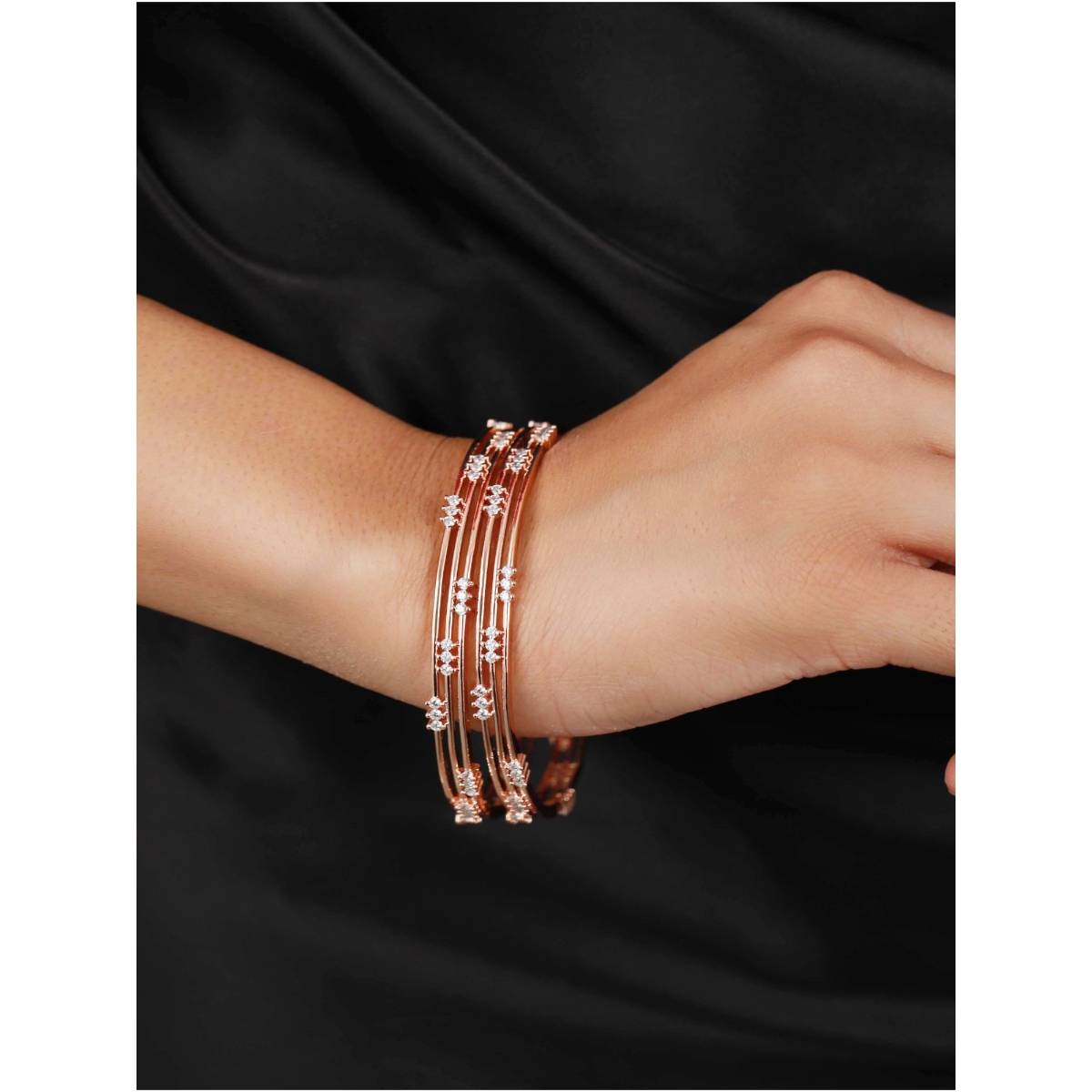 Aatmana Rose Gold Plated and White American Diamond Multilayer Bangles (Set of 2)