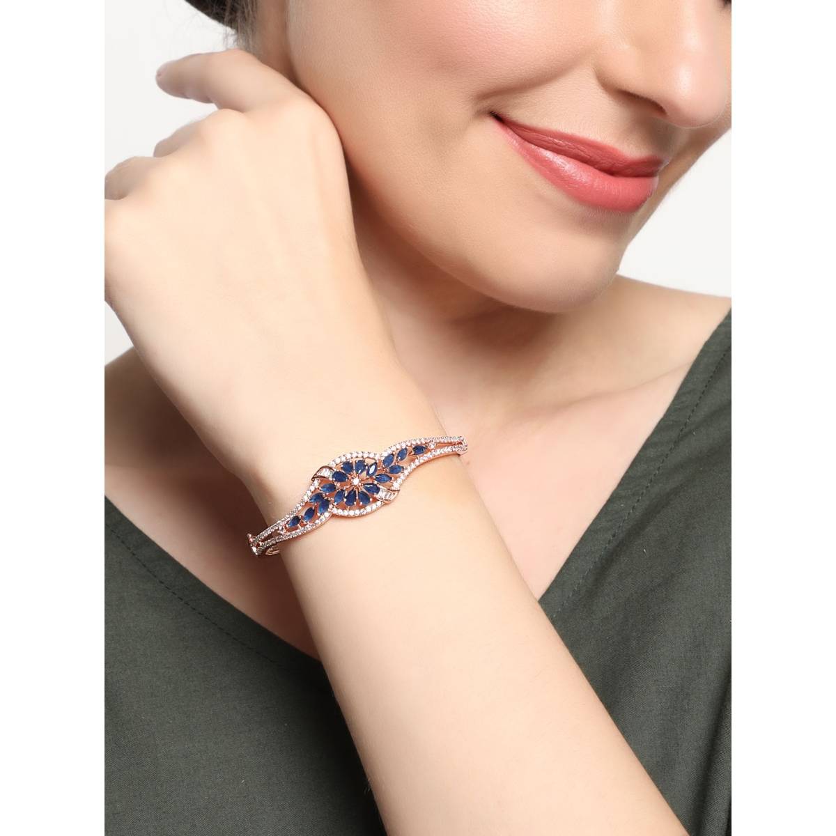 Aatmana Blue Rose Gold Plated American Diamond Studded, Floral Patterned Bracelet