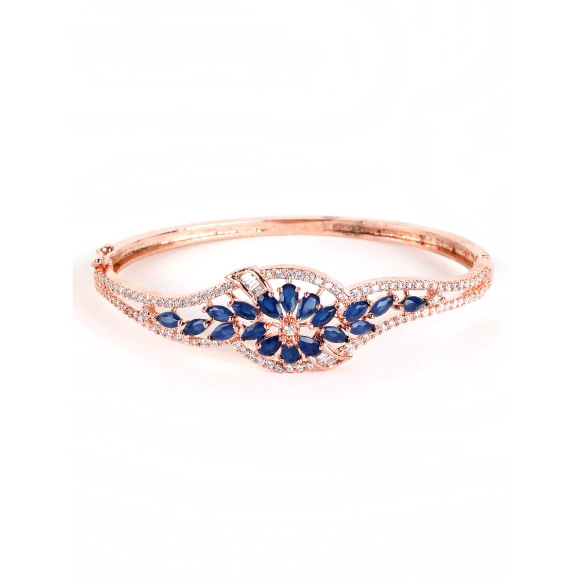 Aatmana Blue Rose Gold Plated American Diamond Studded, Floral Patterned Bracelet