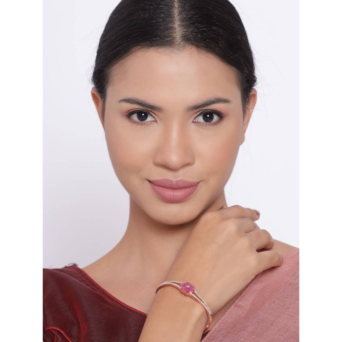 Aatmana Rose Gold Plated American Diamond and Ruby Studded Floral Patterned Bracelet