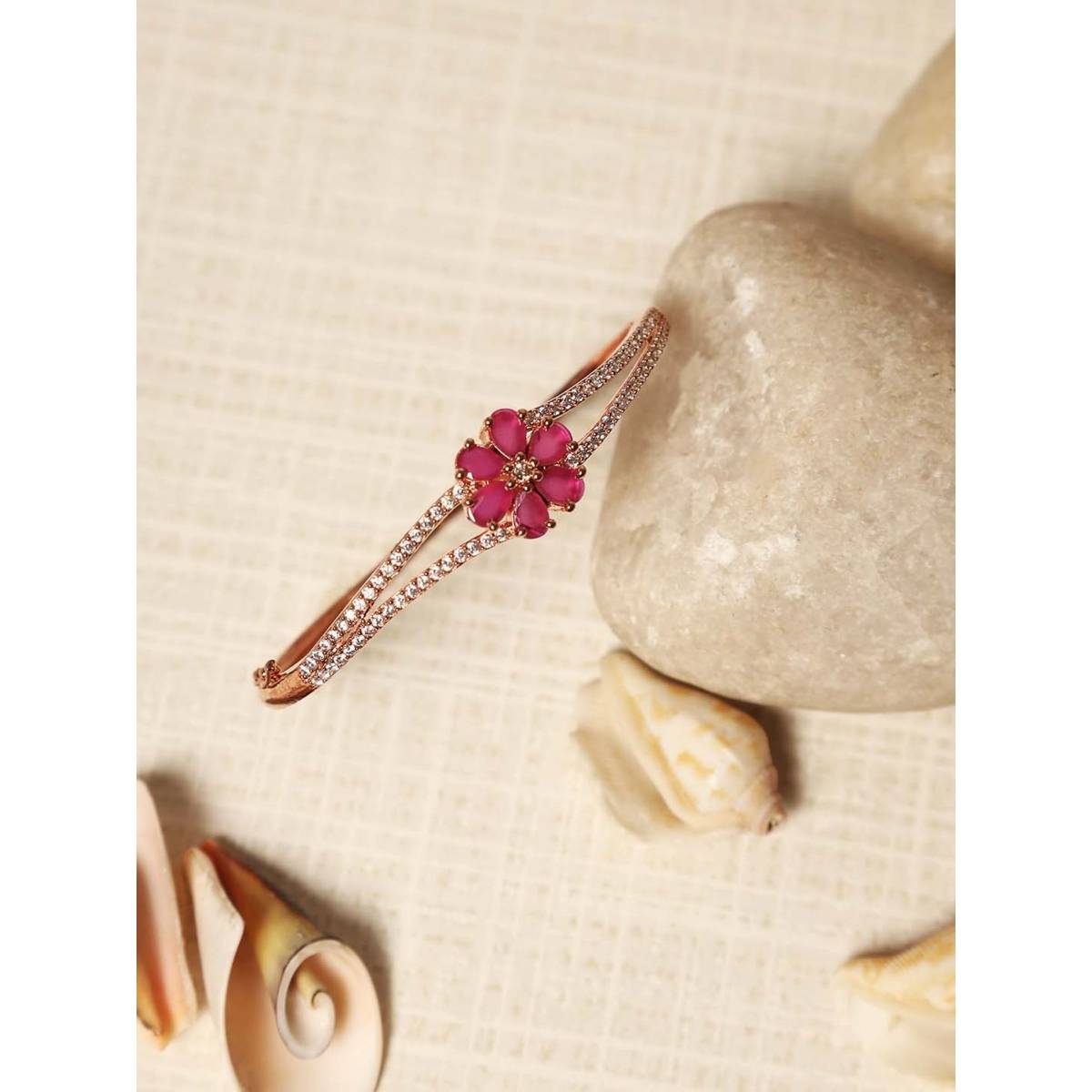 Aatmana Rose Gold Plated American Diamond and Ruby Studded Floral Patterned Bracelet