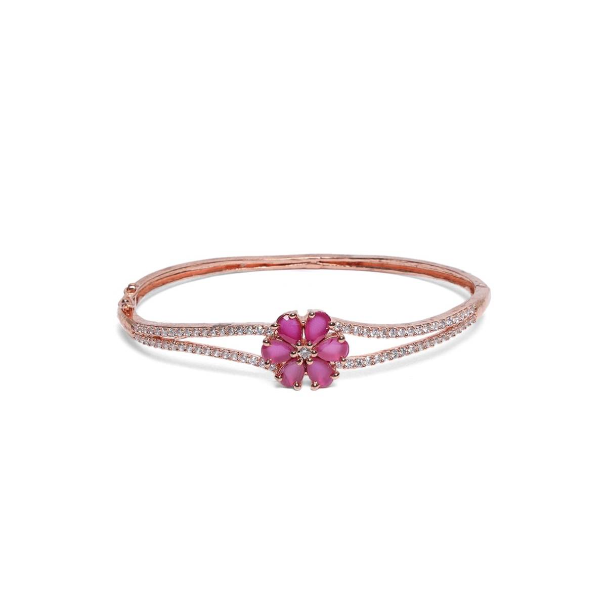 Aatmana Rose Gold Plated American Diamond and Ruby Studded Floral Patterned Bracelet