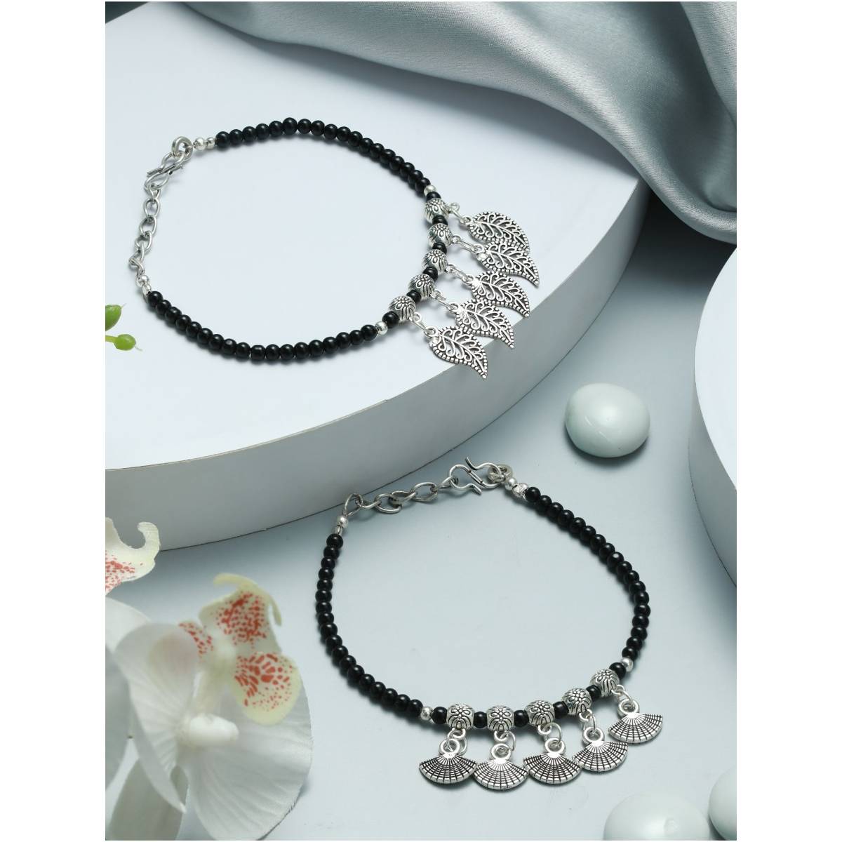 Aatmana Set of 2 Black and Silver Toned Bracelet/Anklets · One Size