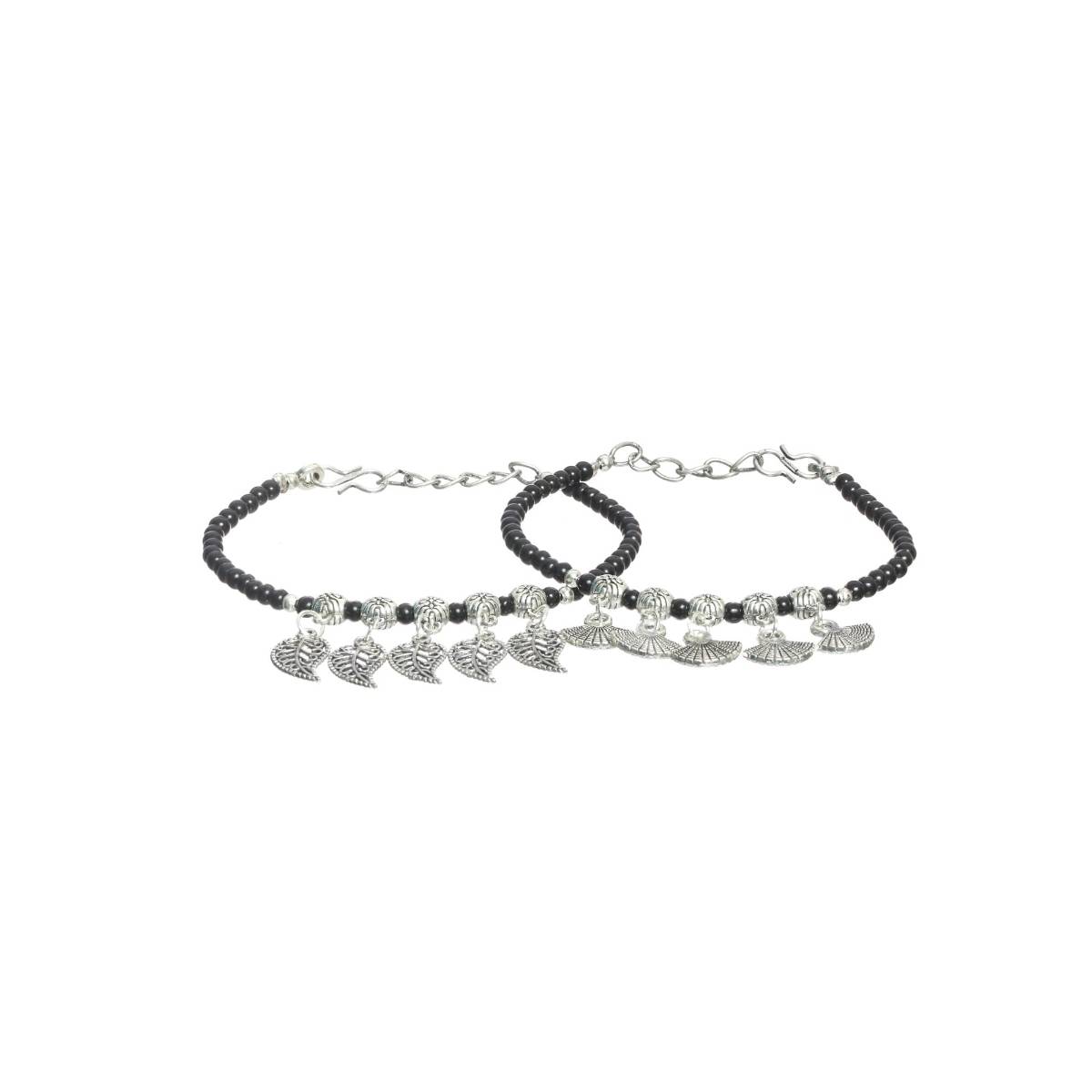 Aatmana Set of 2 Black and Silver Toned Bracelet/Anklets