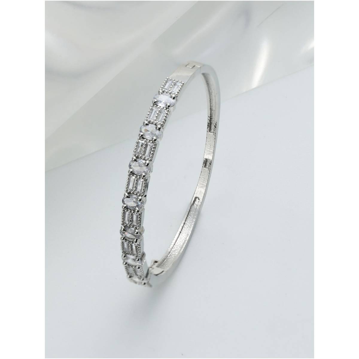 Aatmana Silver Plated and White American Diamond Handcrafted Bangle Style Bracelet