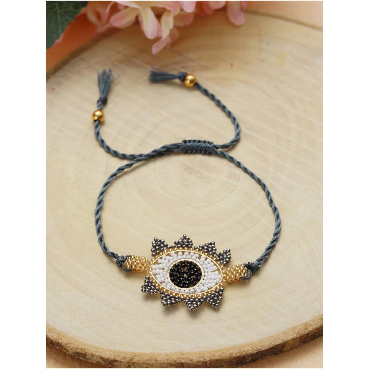 Aatmana Blue Gold Toned Beaded and Handcrafted Wraparound Evil Eye Bracelet