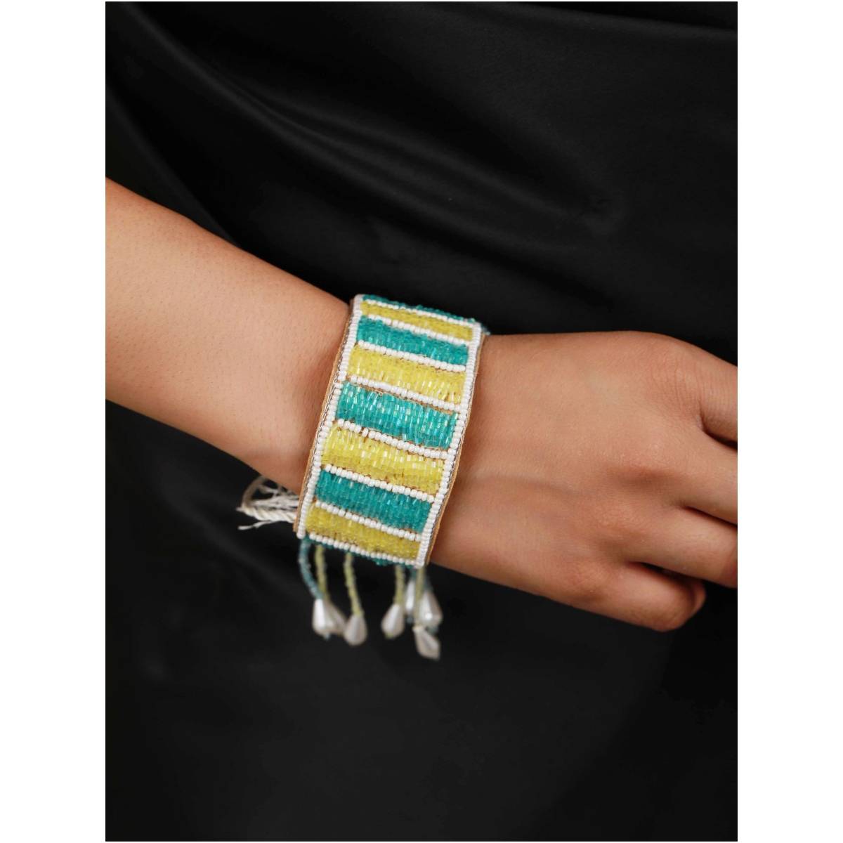 Aatmana Yellow and Sea Blue Beaded Silver Toned Handcrafted Bracelet