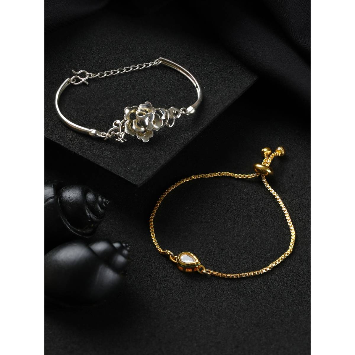 Aatmana Set of 2 Gold Plated Kundan Studded and Silver Plated Floral Shaped Bracelet