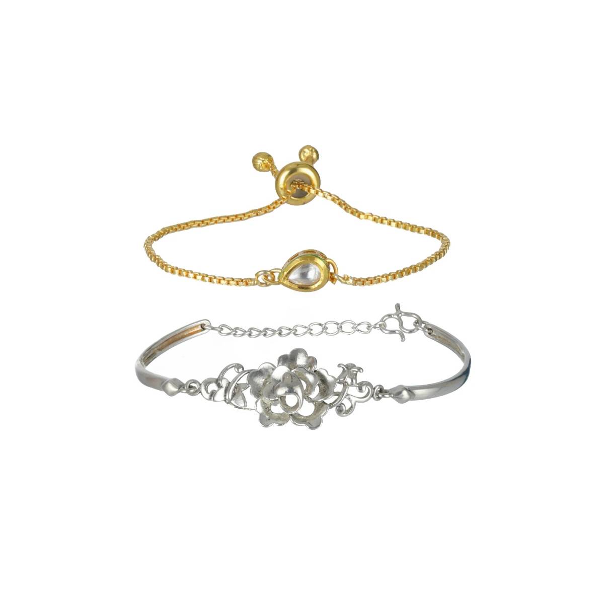 Aatmana Set of 2 Gold Plated Kundan Studded and Silver Plated Floral Shaped Bracelet
