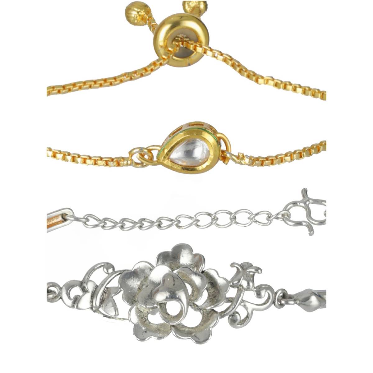 Aatmana Set of 2 Gold Plated Kundan Studded and Silver Plated Floral Shaped Bracelet