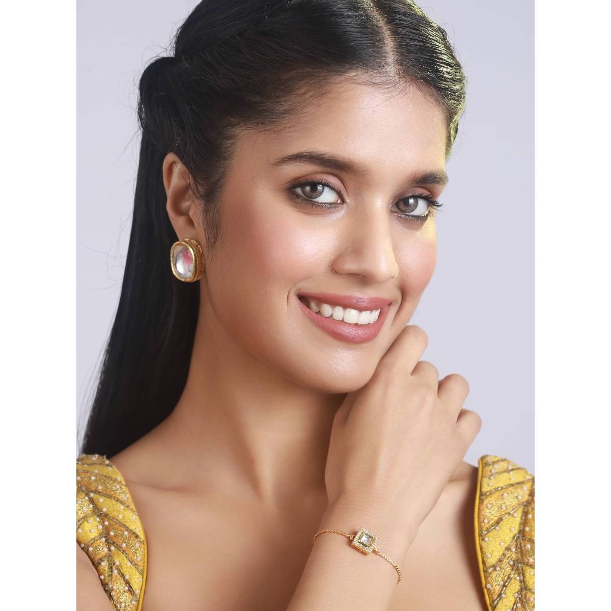 Aatmana Set of 2 Kundan Studded Bracelet and Gold Plated Earring