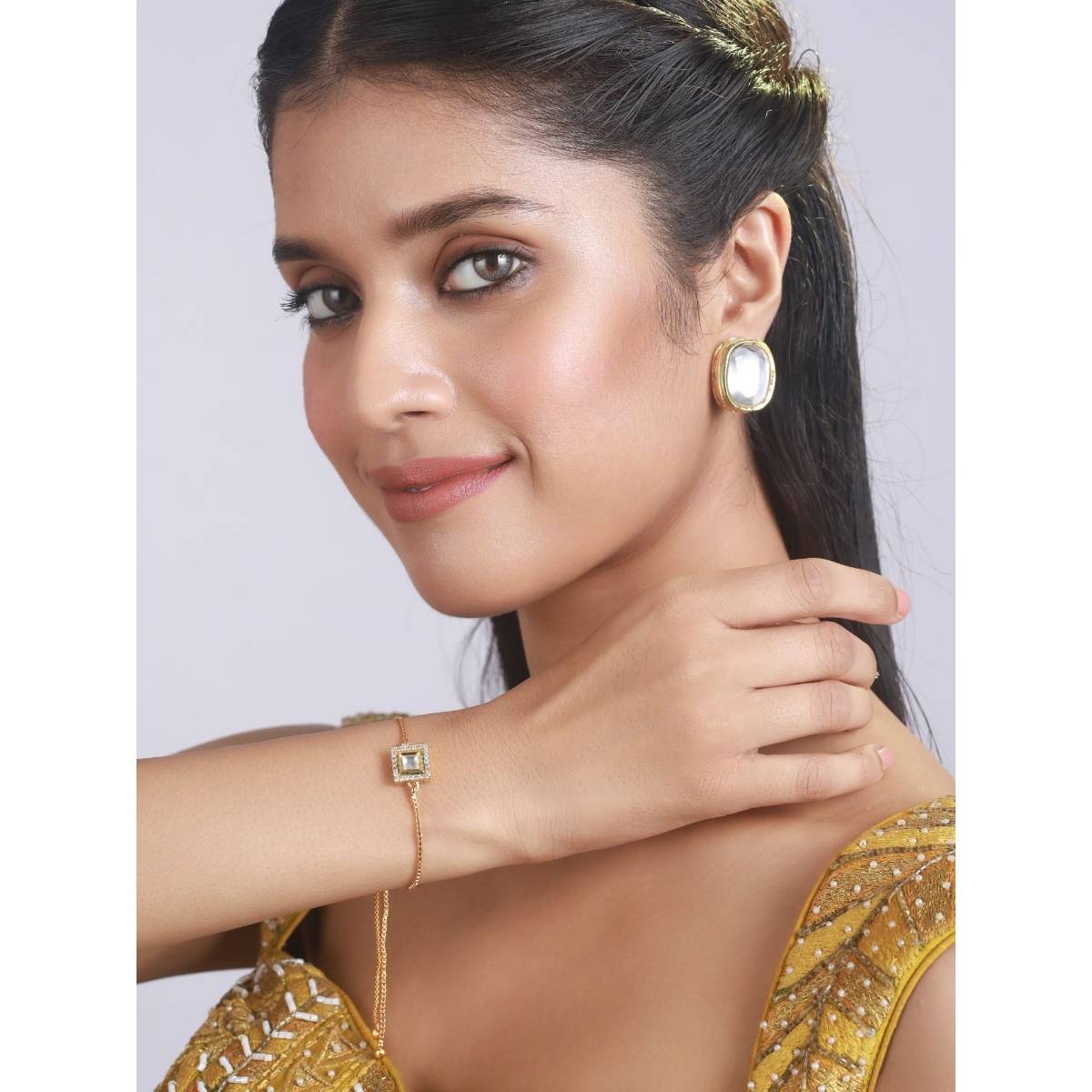 Aatmana Set of 2 Kundan Studded Bracelet and Gold Plated Earring
