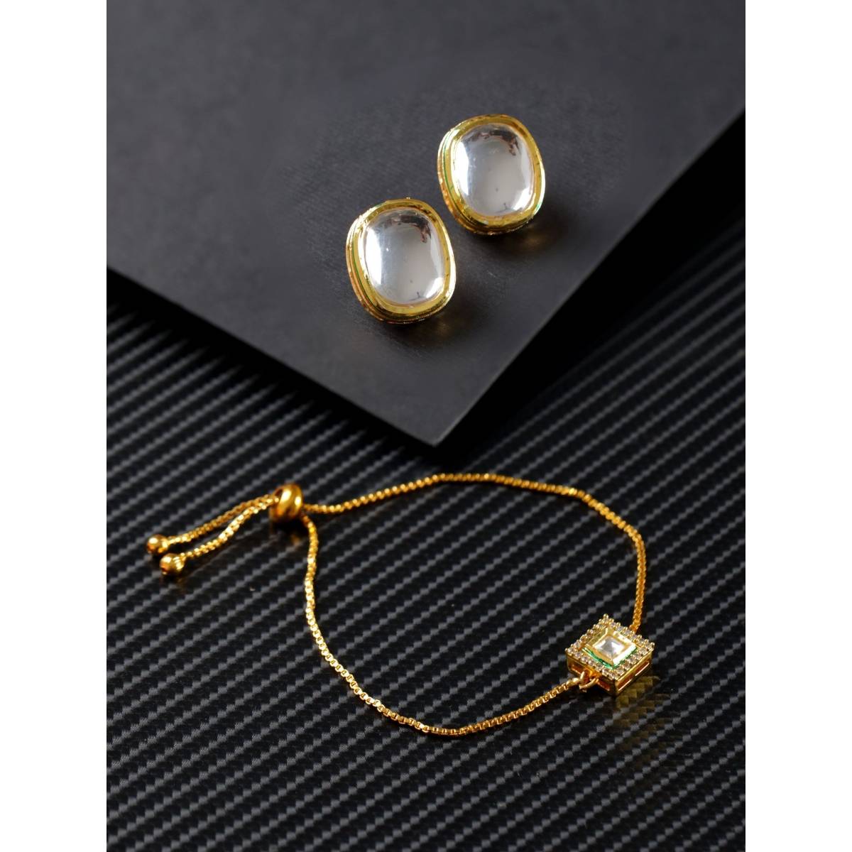 Aatmana Set of 2 Kundan Studded Bracelet and Gold Plated Earring