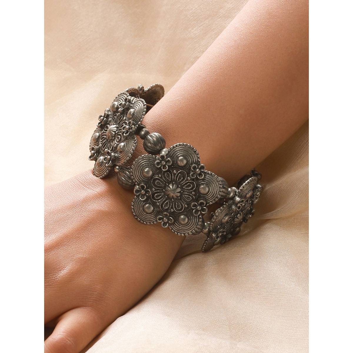 Aatmana Women Silver Toned Oxidised Bangle Style Bracelet