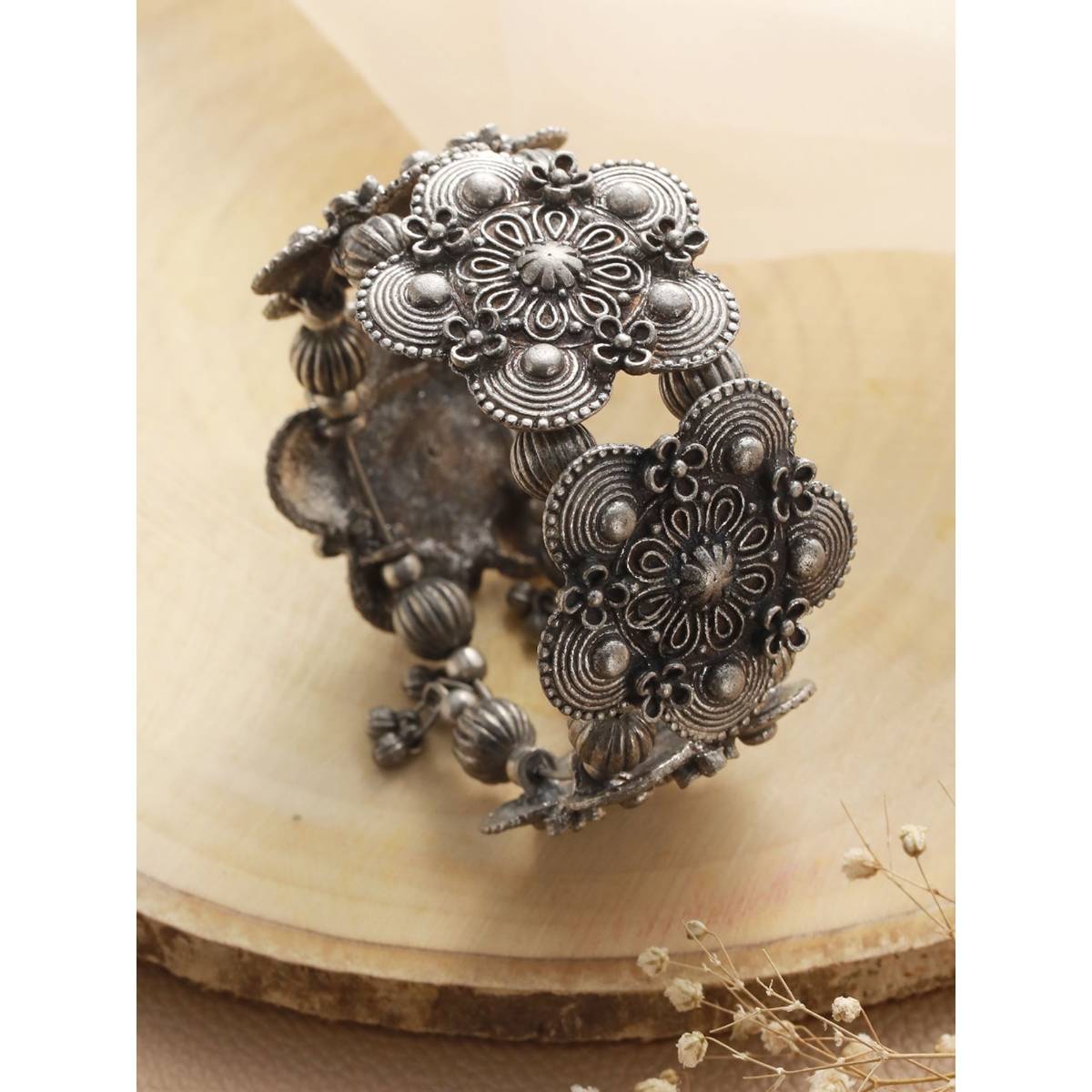 Aatmana Women Silver Toned Oxidised Bangle Style Bracelet