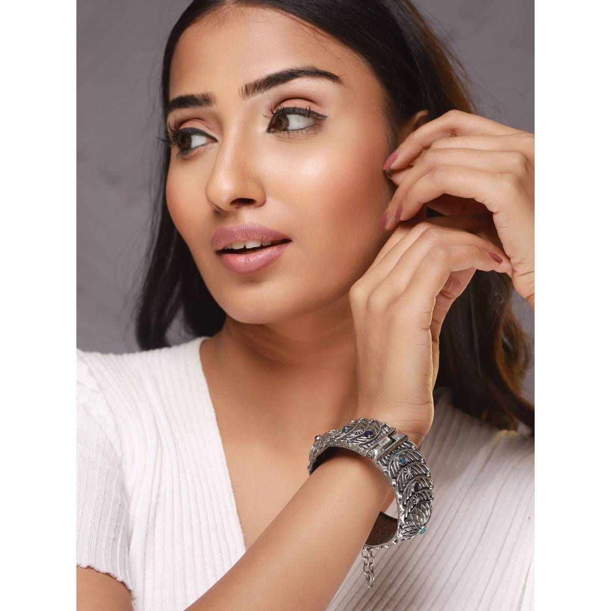 Aatmana Oxidized Silver Plated and Blue Stone Antique Dome Shaped Bangle Style Bracelet · One Size