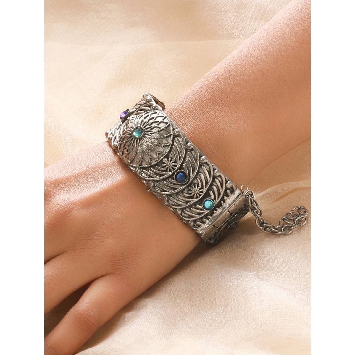 Aatmana Oxidized Silver Plated and Blue Stone Antique Dome Shaped Bangle Style Bracelet · One Size