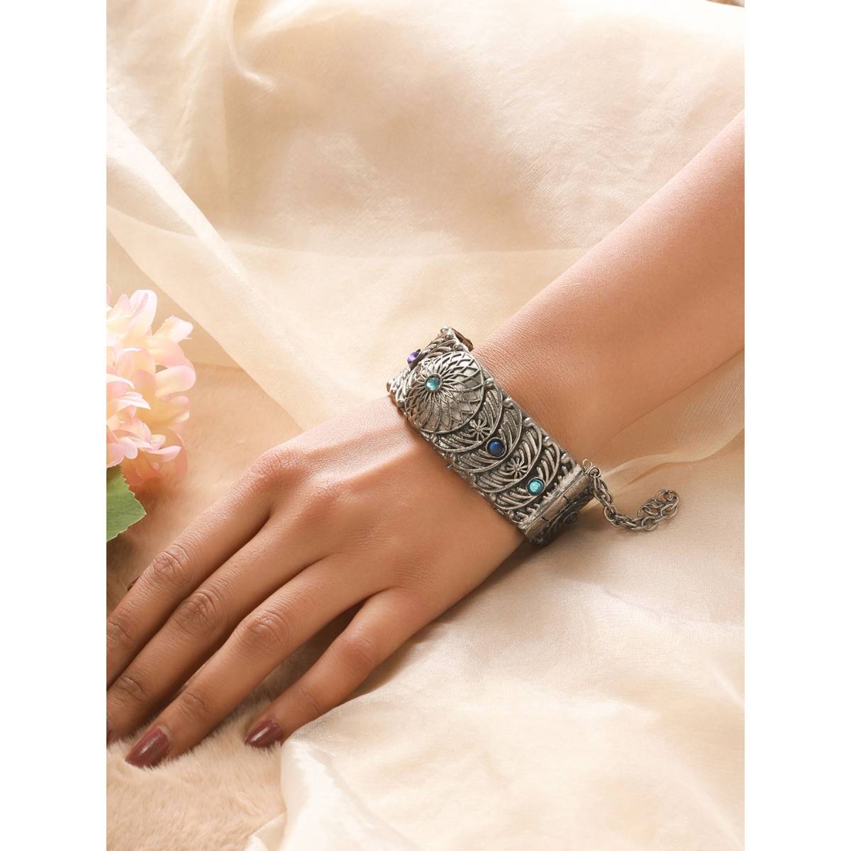Aatmana Oxidized Silver Plated and Blue Stone Antique Dome Shaped Bangle Style Bracelet
